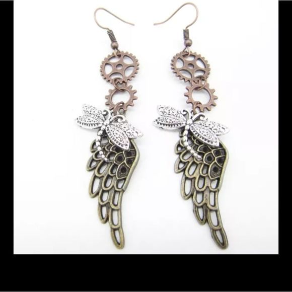 Silver gold and copper wing dragonfly steampunk gears boho earrings new - Picture 2 of 4